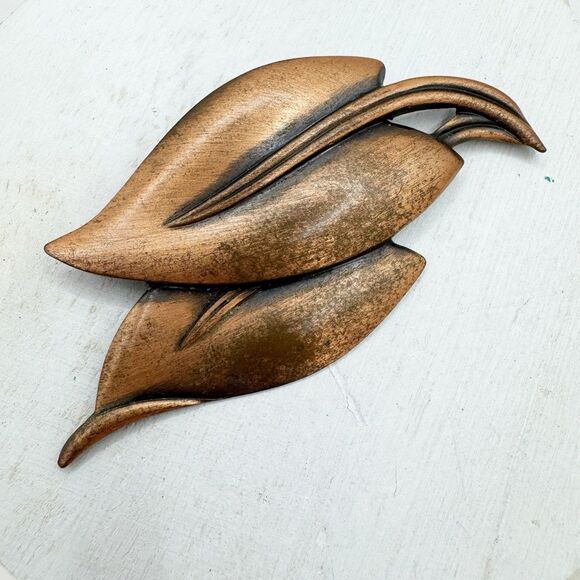 Vintage Copper Double Leaf Fall Brooch Pin - Picture 1 of 4
